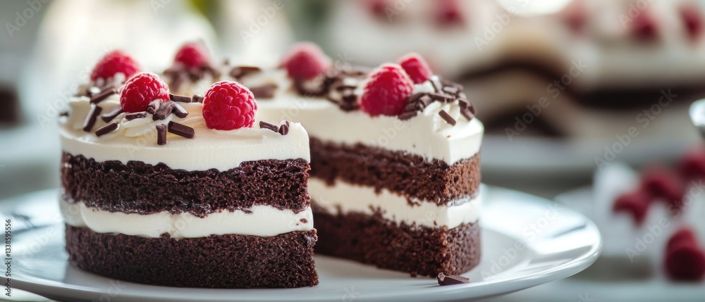A slice of chocolate cake topped with fresh raspberries, perfect for a dessert or snack A slice of chocolate cake topped with fresh raspberries, perfect for a dessert or snack