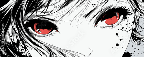 Intense red-eyed gaze of anime character with dynamic black and white art style.