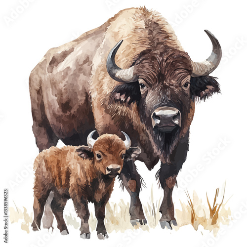 A watercolor vector painting of a mother buffalo with her kid, isolated on a white background. Buffalo vector.

