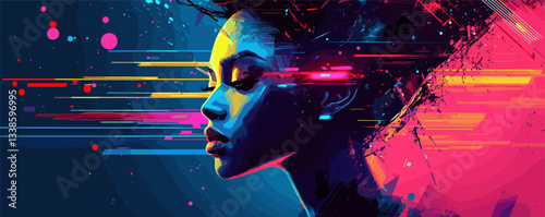 Vibrant abstract portrait of a young woman in modern digital art style.