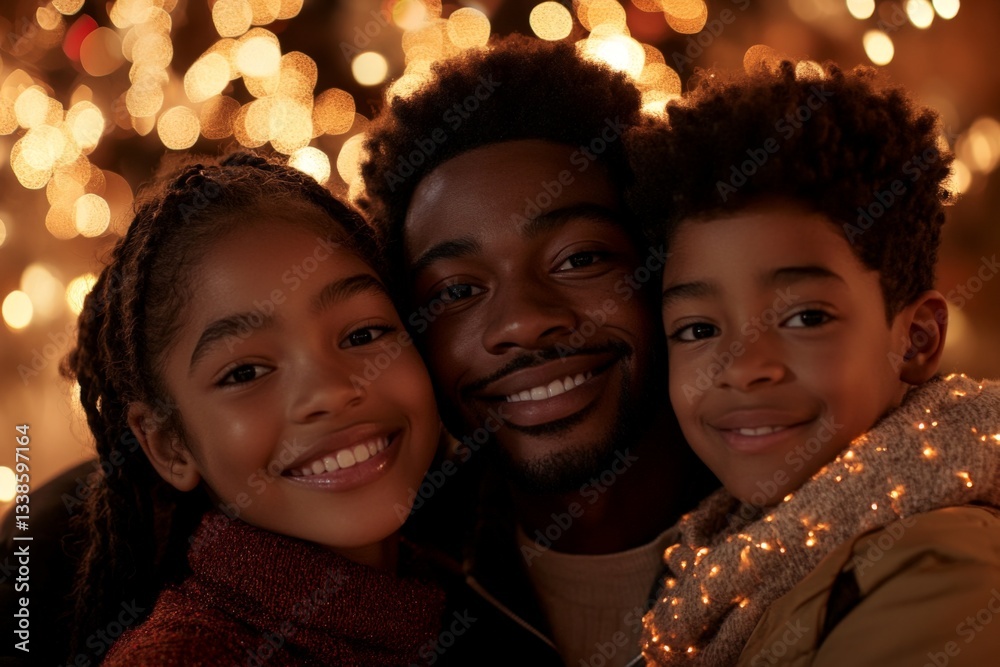 Obraz premium Family celebration with children during holiday season among twinkling lights in a cozy atmosphere