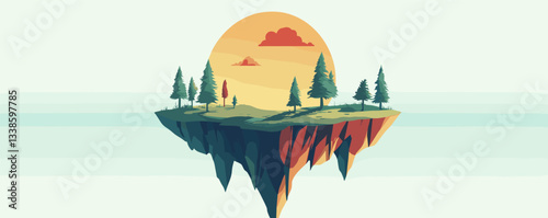 Tranquil floating island at sunset with pine trees and clouds in a surreal sky.