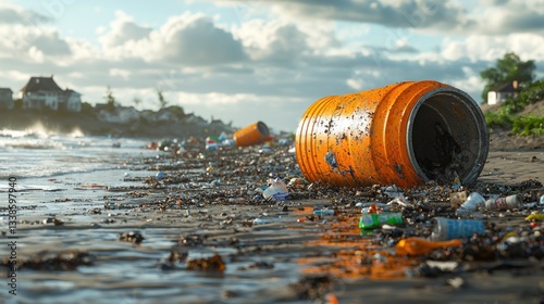 A polluted beach scene shows environmental degradation caused by waste