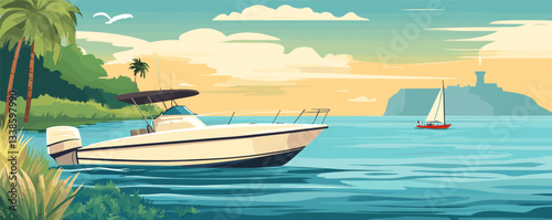 Scenic tropical bay with boats and palm trees at sunset.