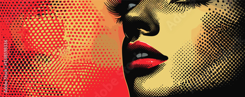 Pop art style portrait of a woman with red lips and halftone background.