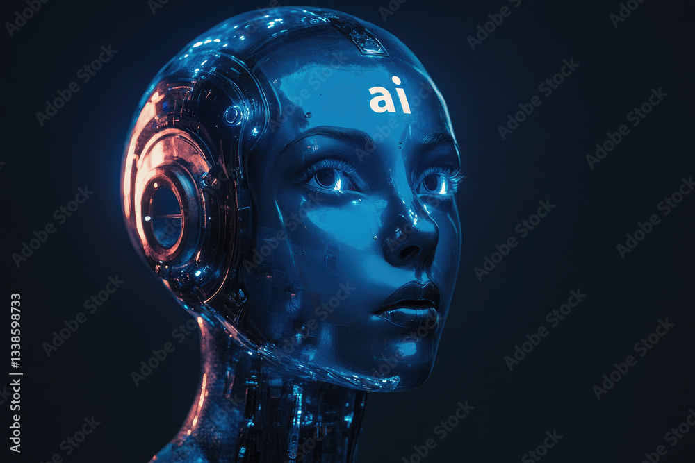 Obraz premium cybernetic AI humanoid robot with futuristic mechanical face,artificial intelligence interface. Concept of robotics, machine learning,advanced cybernetics.copy space,banner.