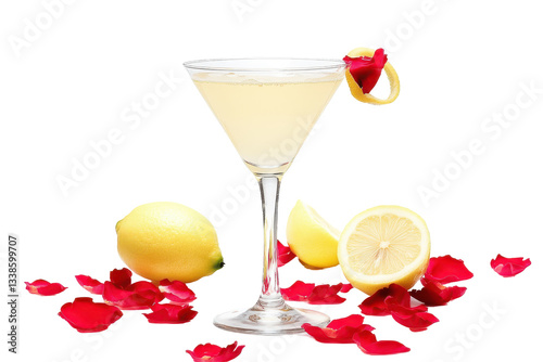 Refreshing cocktail with lemon and rose petals on display