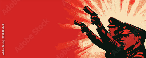 Retro illustration of three soldiers raising pistols against a red background.