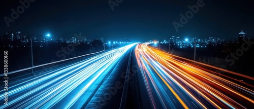 Dynamic highway at night showcasing vibrant light trails with city skyline and street lamps creating a modern urban scene