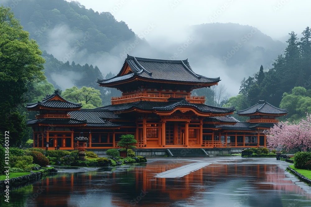Obraz premium A beautiful oriental temple complex sits near a reflective lake