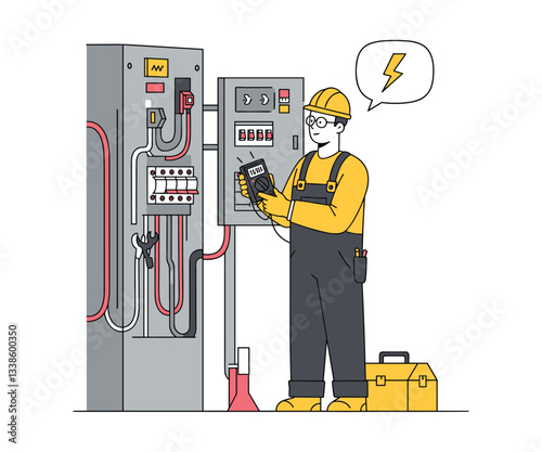 Electrician at Work - Inspecting Electrical Panel Vector Illustration"