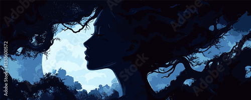 Silhouette of woman with flowing hair and tree branches against moonlit night sky.