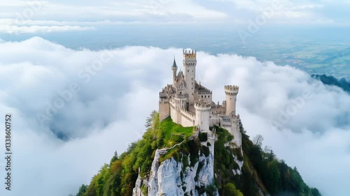 A breathtaking aerial view of a castle perched on a mountain peak, surrounded by clouds, creating a fairytale landscape and a historical dream destination