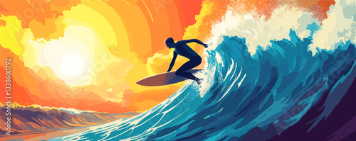 Dynamic surfer rides giant wave at sunset, capturing the thrill of ocean adventure.