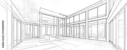 Modern architectural sketch of spacious glass and steel building interior with open atrium design.