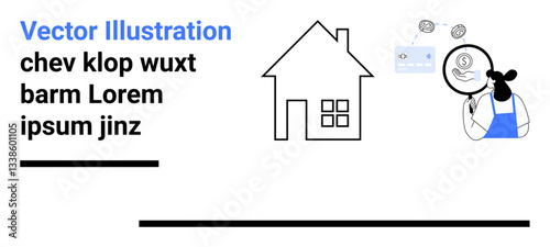 House outline with a person in apron analyzing dollar coins and bills with magnifier. Ideal for real estate, finance, home investment, economic analysis, savings, business, simple landing page