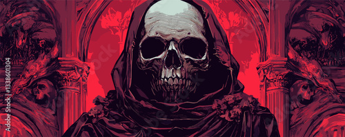 Grim reaper with hooded cloak in gothic red atmosphere surrounded by skulls and arches.