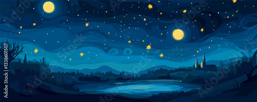 Starry night sky over a serene lake with bright moon and twinkling stars.