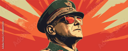 Confident male general in sunglasses against stylized red background with starburst design.