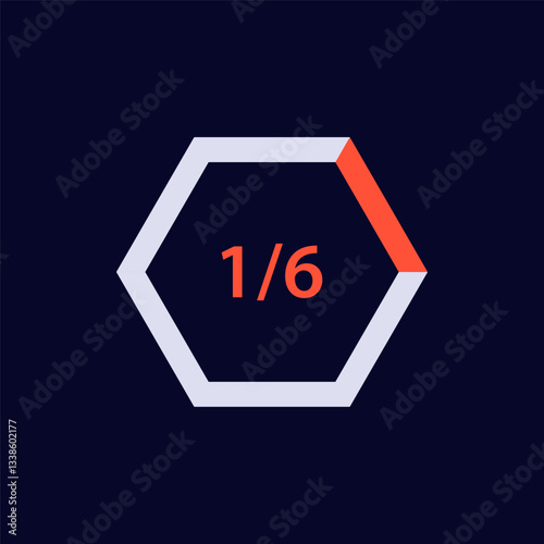 A bold hexagon icon features the fraction one over six, with distinct red and white colors inside.