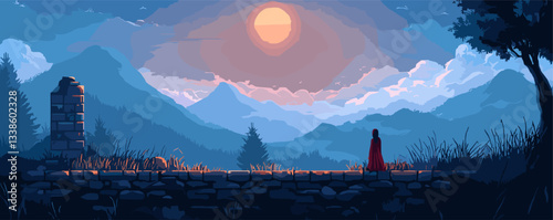 Serenity at sunset: lone figure on stone wall amid mountains and vibrant sky.