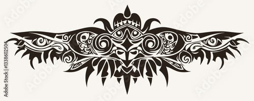 Intricate tribal tattoo design with symmetrical patterns and stylized face motif.