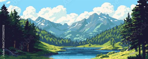 Serene mountain lake with lush forest and snow-capped peaks under a clear blue sky.