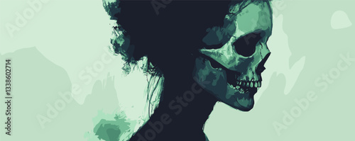 Silhouette of a skeletal female profile in dark green artistic illustration.