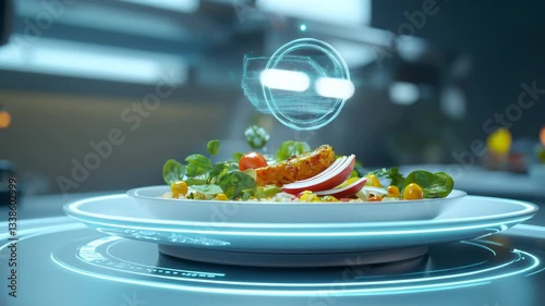 A futuristic AI-powered plate scans a meal and adjusts nutrition levels in real time, featuring sleek high-tech dining with a glowing interface