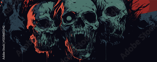 Three menacing skulls with dark background and red highlights illustrating horror and death.