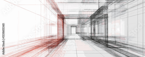Abstract architectural corridor with geometric lines in red and black.