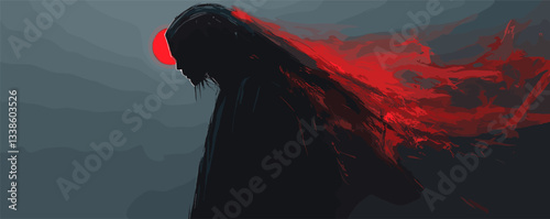 Silhouette of warrior in red cape against moonlit sky in dramatic digital art.
