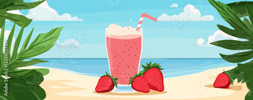 Refreshing strawberry smoothie on tropical beach with ocean view.