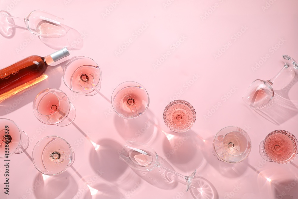 Delicious rose wine in glasses and bottle on pink background, flat lay. Space for text Delicious rose wine in glasses and bottle on pink background, flat lay. Space for text