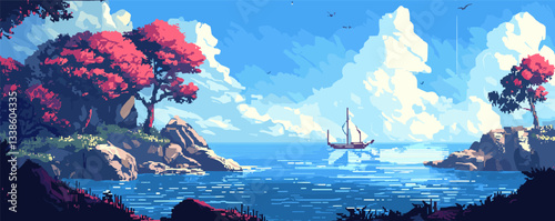 Tranquil coastal scene with sailboat, red trees, and blue sky in stylized art.