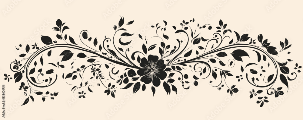 Ornate black floral design with symmetrical swirls and leaves on beige background.