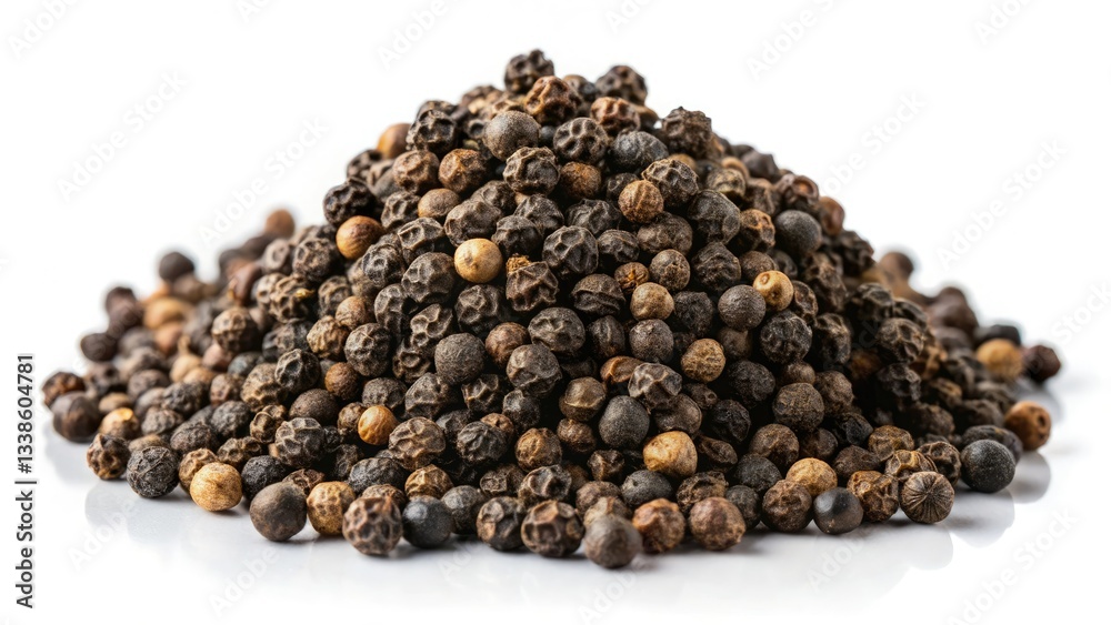 Macro shot of black peppercorns, isolated on white. High-resolution culinary image showcasing the spice's texture and detail. Macro shot of black peppercorns, isolated on white. High-resolution culinary image showcasing the spice's texture and detail.