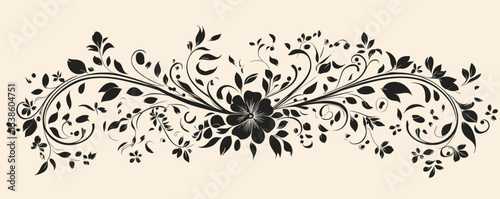 Ornate black floral design with symmetrical swirls and leaves on beige background.