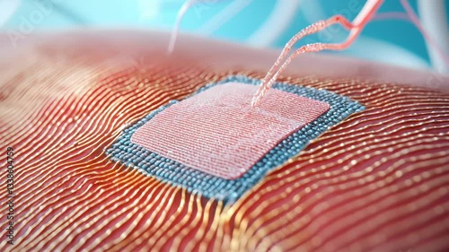A macro shot of a self-repairing artificial skin patch seamlessly regenerating over a wound, showcasing advanced medical nanotechnology