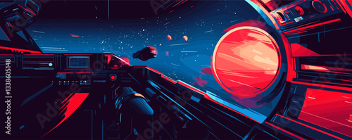 Spaceship cockpit view with futuristic controls and distant planets in outer space.