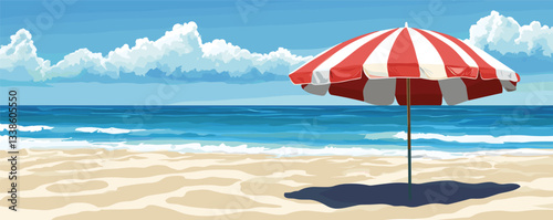 Beach paradise with striped umbrella by ocean waves under cloudy sky.
