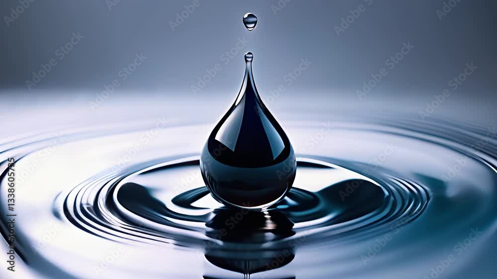 Black water drop creates ripples on smooth surface during close-up exploration of fluid dynamics