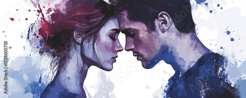 Romantic abstract portrait of young couple in loving embrace with artistic splashes.