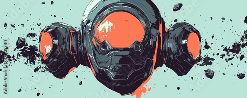 Futuristic robotic helm in space with asteroids and bold orange accents.