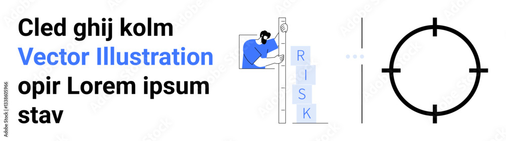 Man stacking and balancing blocks labeled RISK with a target symbol nearby. Ideal for business strategy, decision-making, risk assessment, problem-solving, planning, leadership, simple landing page Man stacking and balancing blocks labeled RISK with a target symbol nearby. Ideal for business strategy, decision-making, risk assessment, problem-solving, planning, leadership, simple landing page