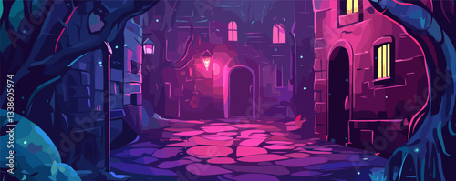 Mysterious night alley with lanterns and gothic architecture in fantasy setting.