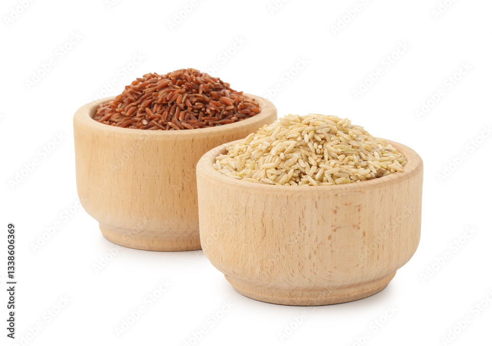 Different sorts of raw brown rice isolated on white Different sorts of raw brown rice isolated on white
