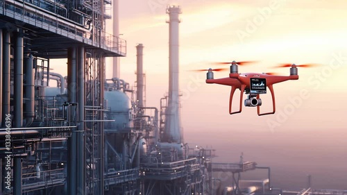 A self-flying industrial drone scans a massive oil refinery for maintenance issues, with real-time AI diagnostics displayed on a technician’s tablet