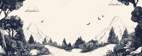 Scenic vintage landscape with mountains and trees illustrating serene wilderness.