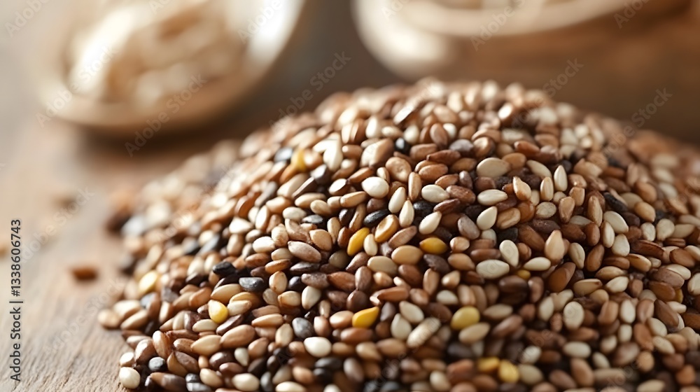 Naklejka premium Close-up of Mixed Sesame Seeds Pile on Wooden Surface